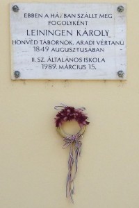 Memorial Plaque of Károly Leiningen on a wall. Gyula, Hungary