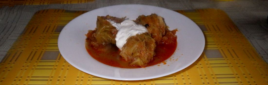 Hungarian stuffed cabbage rolls with sour cream.